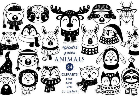 Black Winter Animal Faces Clipart: Graphics & Illustrations for Sellers