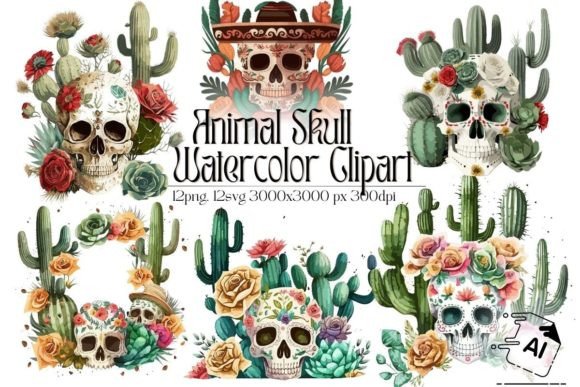 Colorful Animal Skull Watercolor Clipart: Graphics & Illustrations for Creative Sellers
