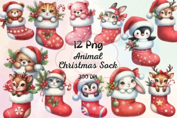 Cute Animal Christmas Sock Sublimation Graphics & Illustrations