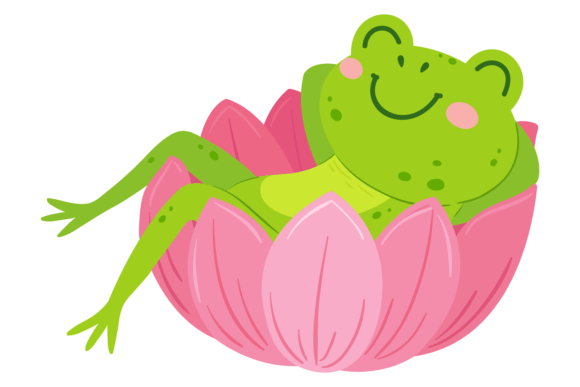 Cute Frog in Water Lily Graphics & Illustrations