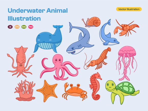 Cute Underwater Sea Animal Illustration: Graphics & Illustrations for Brand Warmth