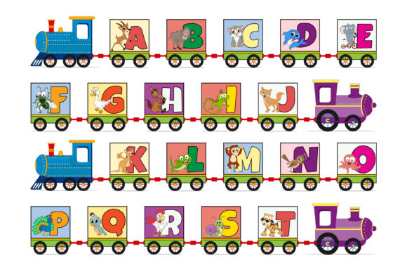 Train with Letters and Animal Cartoon Graphics & Illustrations
