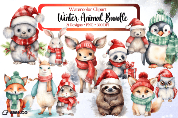 Watercolor Winter Animal Clipart Bundle: Graphics & Illustrations